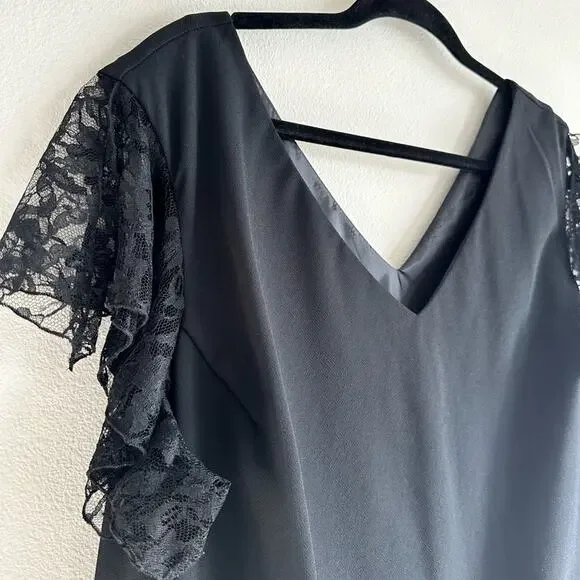 Vintage Studio 1940 Black Dress Lace Trim Lace Flutter Sleeve Size 26W - Picture 3 of 7